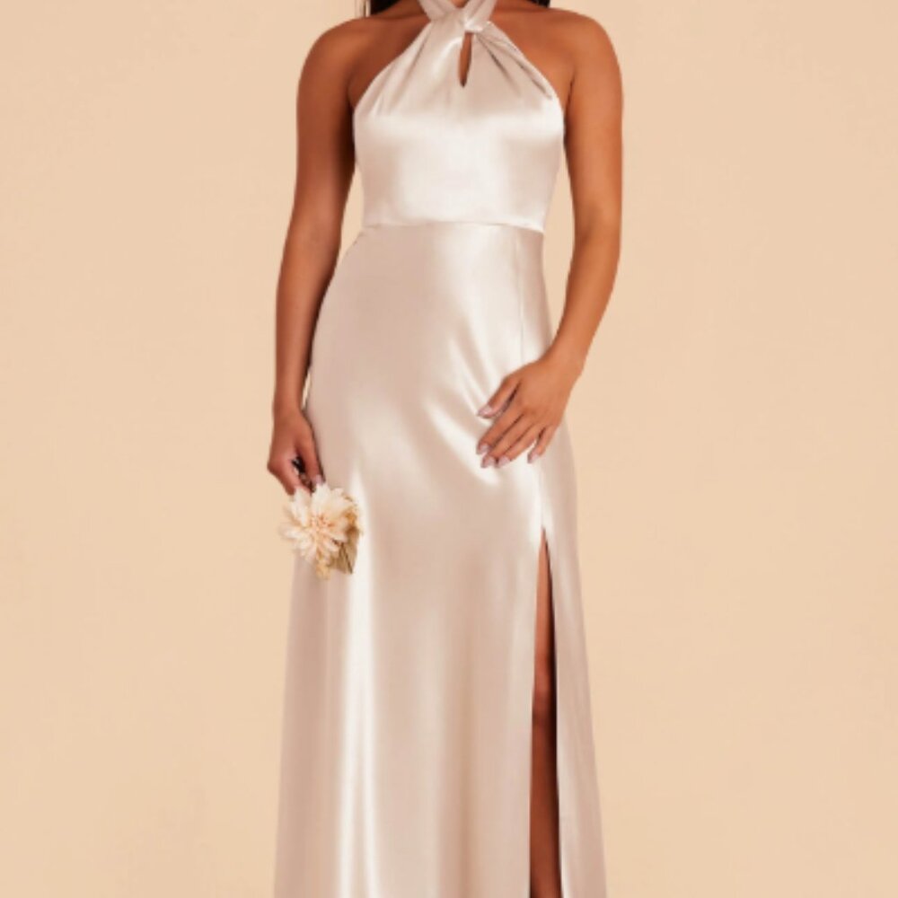 Birdie Grey Monica Champagne Satin Grecian Halter Bridesmaid Dress
